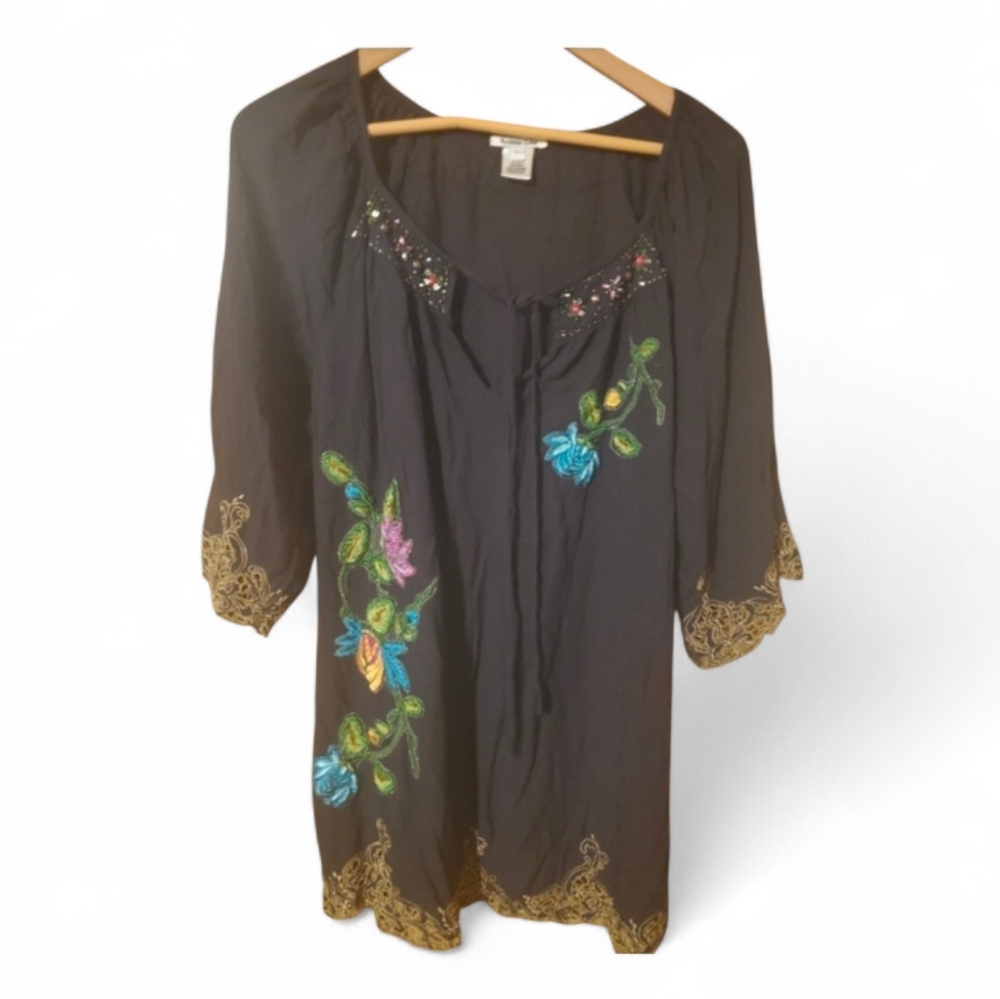 KRISTA LEE Black Boho Beautiful Embroidered Beaded Tie Neck Tunic - Large